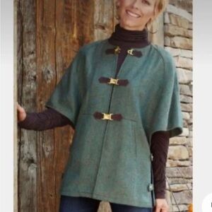 Soft Surroundings Blue Green Herringbone Hampstead Cape Poncho Coat imperfect